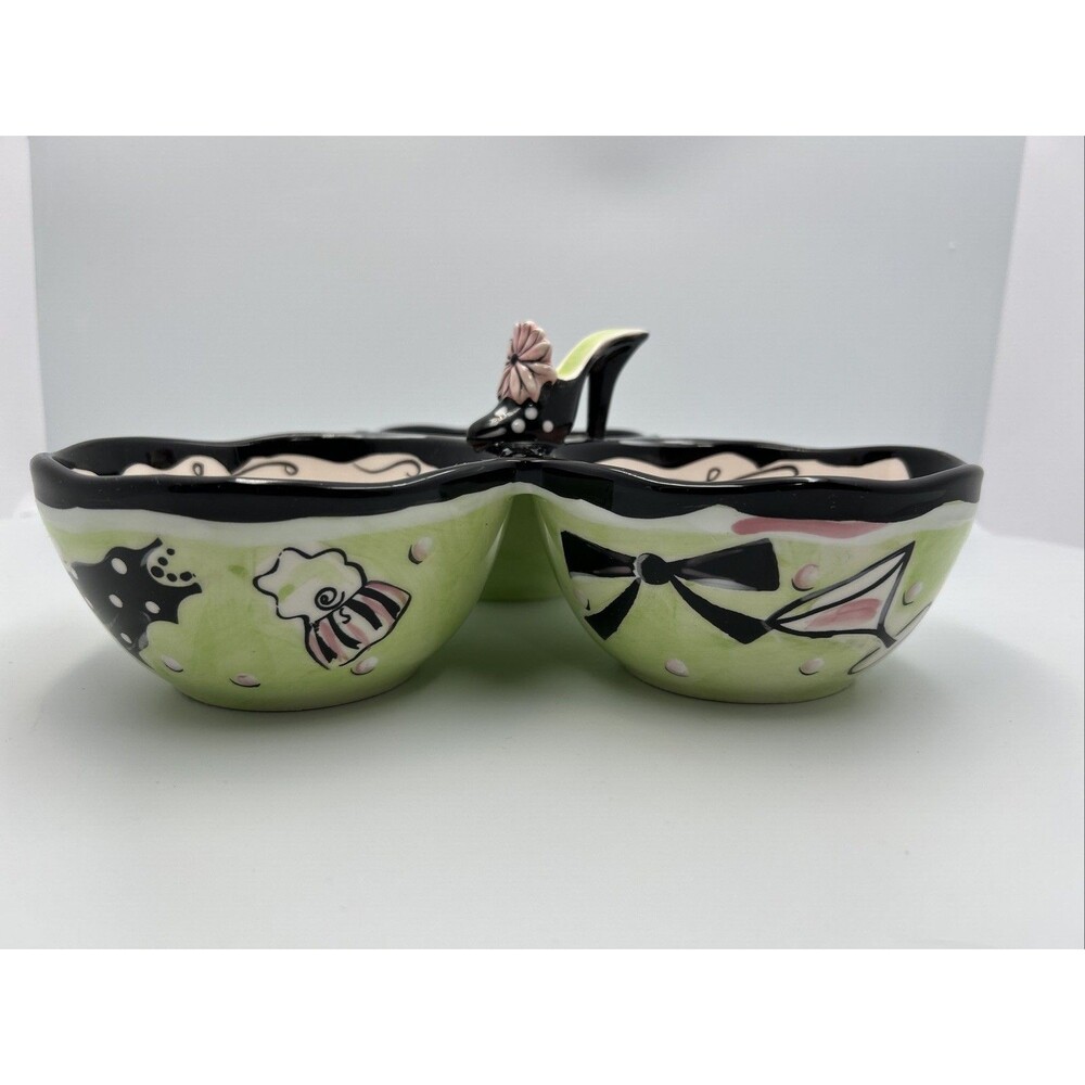 Vintage Clay Art 3 Section Serving Dish High Heel Shoe Purse Pink Green Ceramic